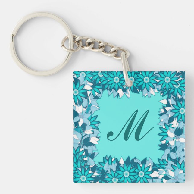 Monogram framed with flowers - blue and white keychain (Front)