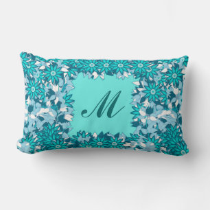 Monogram framed with flowers - blue and white lumbar pillow