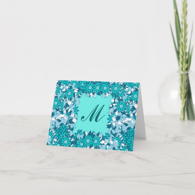 Monogram framed with flowers - blue and white note card (Front)