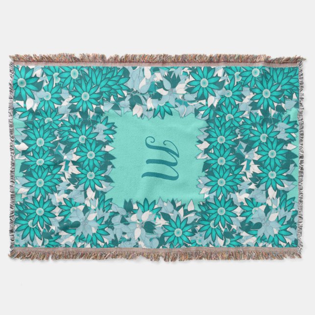 Monogram framed with flowers - blue and white throw blanket (Front)
