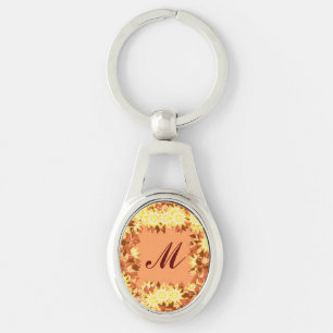 Monogram framed with flowers - cocoa & yellow keychain