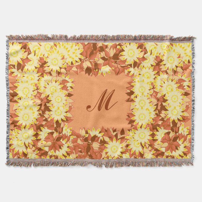 Monogram framed with flowers - cocoa & yellow throw blanket (Front)