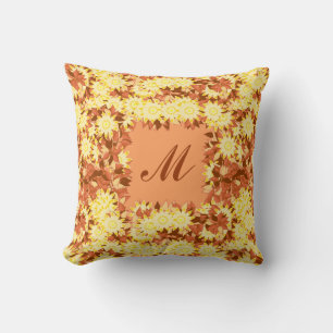 Monogram framed with flowers - cocoa & yellow throw pillow