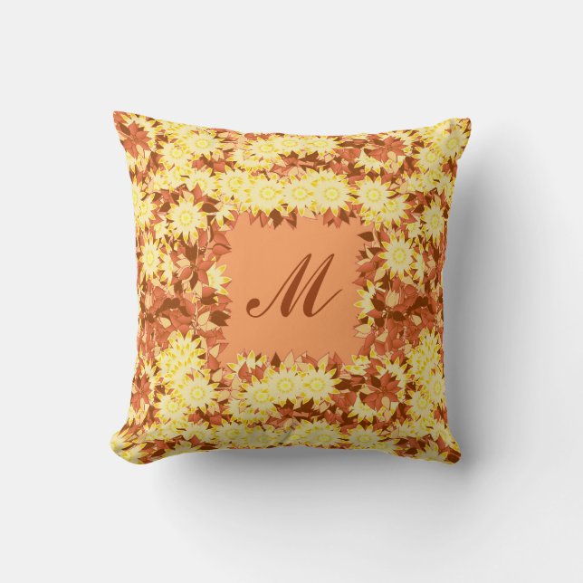 Monogram framed with flowers - cocoa & yellow throw pillow (Front)