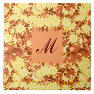 Monogram framed with flowers - cocoa & yellow tile