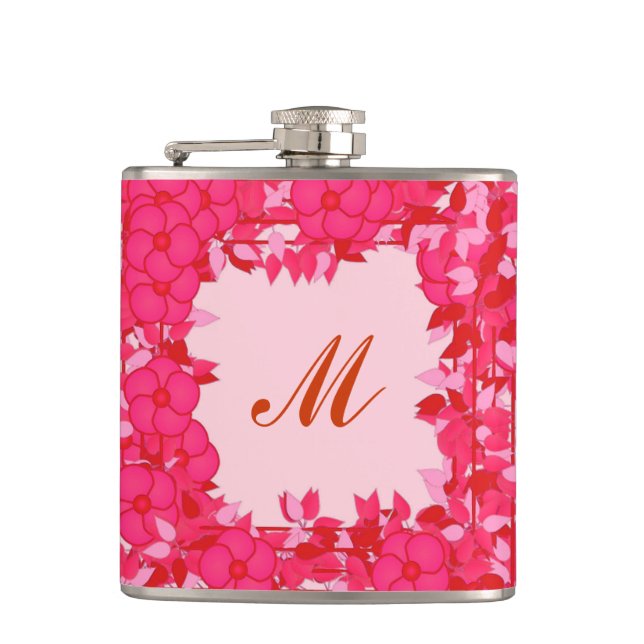 Monogram framed with flowers - fuchsia and pink hip flask (Front)