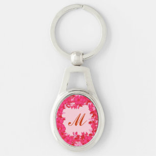 Monogram framed with flowers - fuchsia and pink keychain