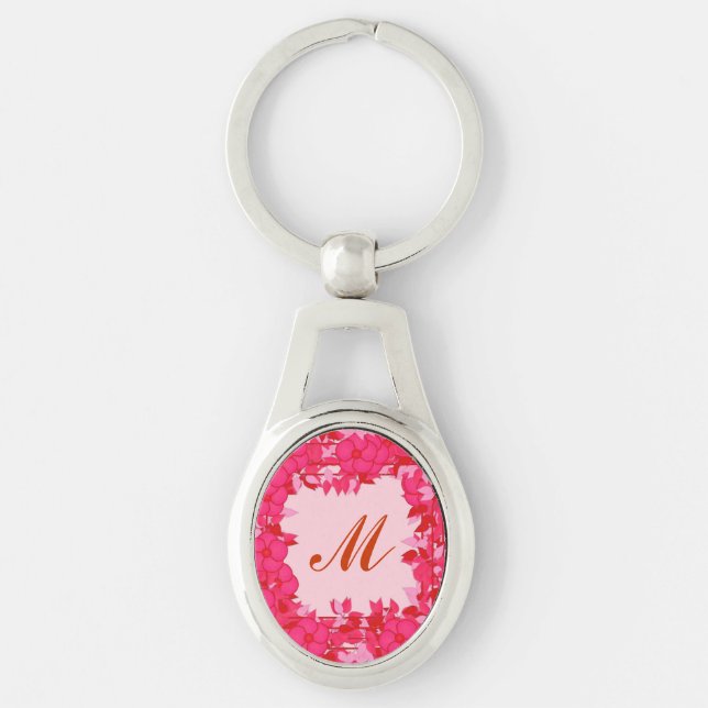 Monogram framed with flowers - fuchsia and pink keychain (Front)