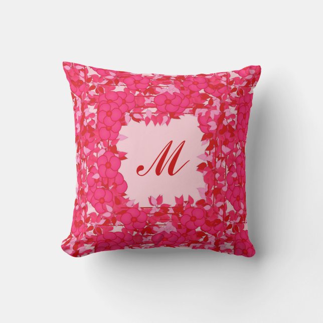 Monogram framed with flowers - fuchsia and pink throw pillow (Front)