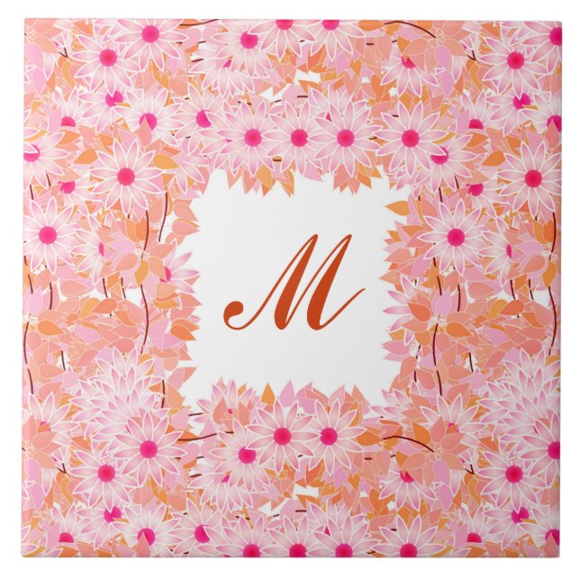 Monogram framed with flowers - pink and peach tile (Front)
