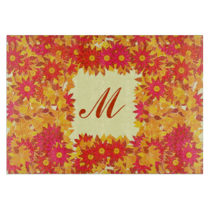 Monogram framed with flowers - red and gold cutting board