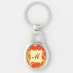 Monogram framed with flowers - red and gold keychain