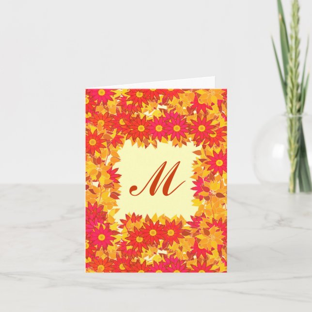 Monogram framed with flowers - red and gold note card (Front)