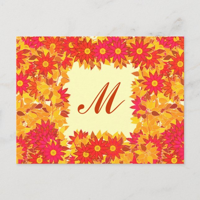 Monogram framed with flowers - red and gold postcard (Front)