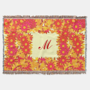Monogram framed with flowers - red and gold throw blanket