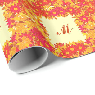 Monogram framed with flowers - red and gold wrapping paper