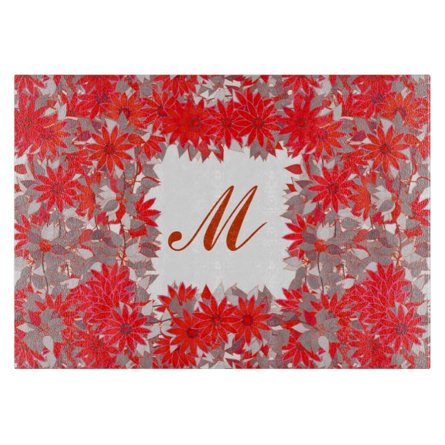 Monogram framed with flowers - red and grey cutting board (Front)