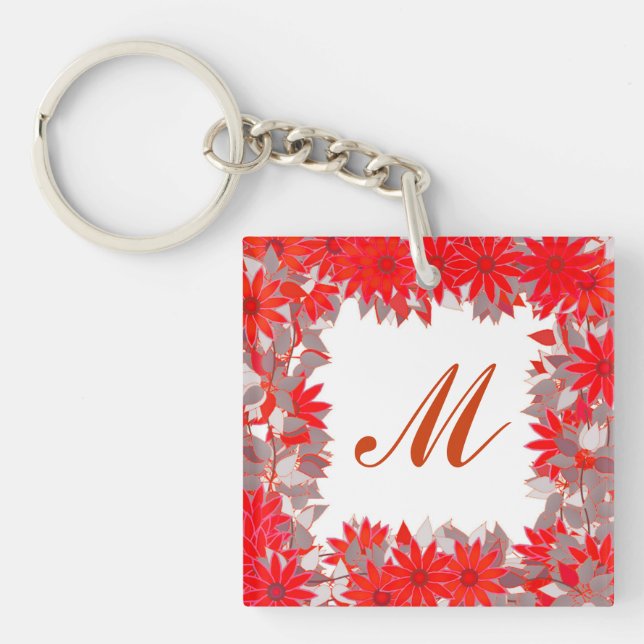 Monogram framed with flowers - red and grey keychain (Front)