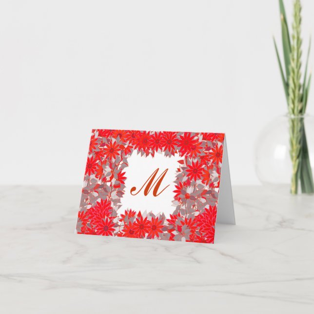 Monogram framed with flowers - red and grey note card (Front)
