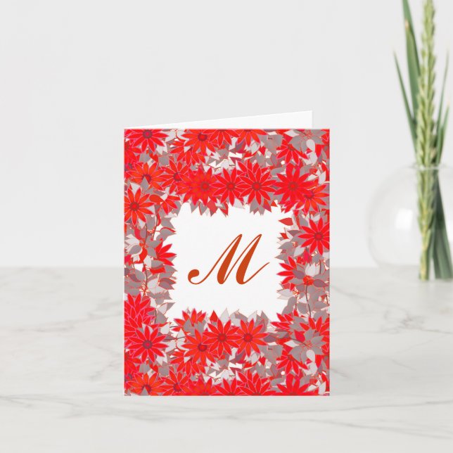 Monogram framed with flowers - red and grey note card (Front)