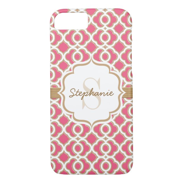 Monogram Fuchsia and Gold Quatrefoil Case-Mate iPhone Case (Back)