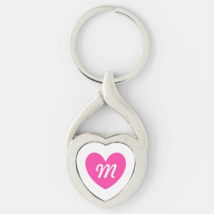 Monogram fuchsia pink heart on white keychain