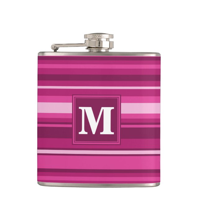 Monogram fuchsia stripes hip flask (Front)