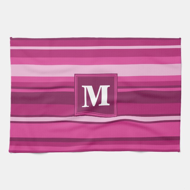Monogram fuchsia stripes kitchen towel (Horizontal)