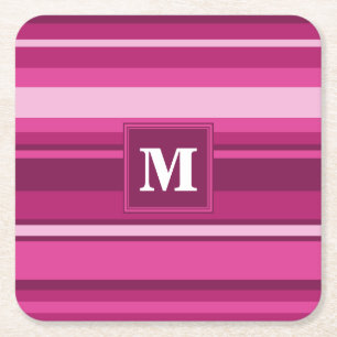 Monogram fuchsia stripes square paper coaster
