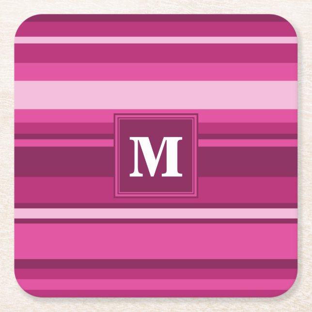 Monogram fuchsia stripes square paper coaster (Front)