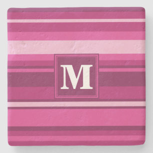 Monogram fuchsia stripes stone coaster