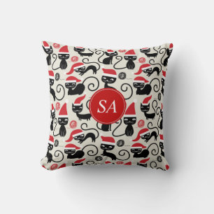 Monogram Funny Christmas kitten Wearing Santa Hat  Throw Pillow