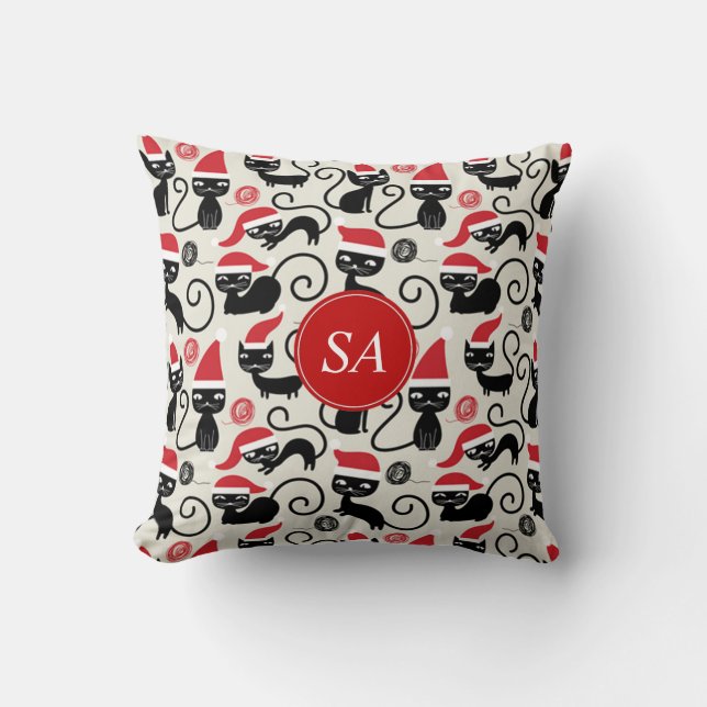 Monogram Funny Christmas kitten Wearing Santa Hat  Throw Pillow (Front)
