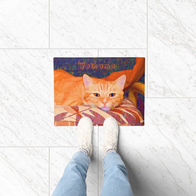 Monogram Funny Cute Bright Orange Tabby Cat Doormat (Indoor)