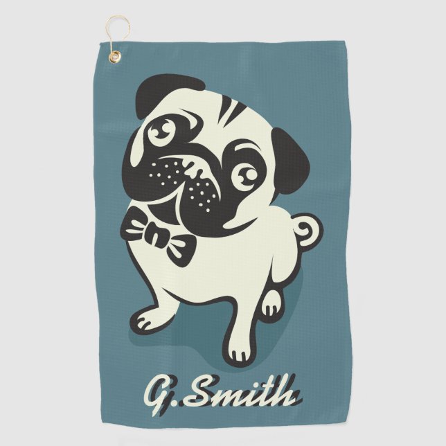 Monogram. Funny Gentleman Pug with a Cute Bowtie. Golf Towel (Front)