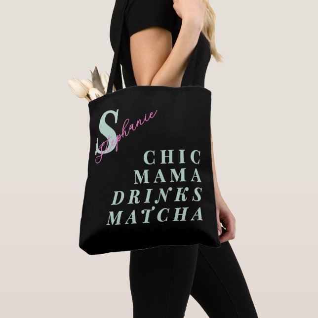 Monogram Funny Mama Matcha Green Tea Saying Black  Tote Bag (Close Up)