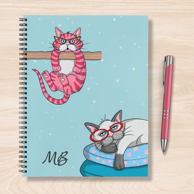 Monogram Funny Whimsical Cats Trendy Modern Notebook (Creator Uploaded)