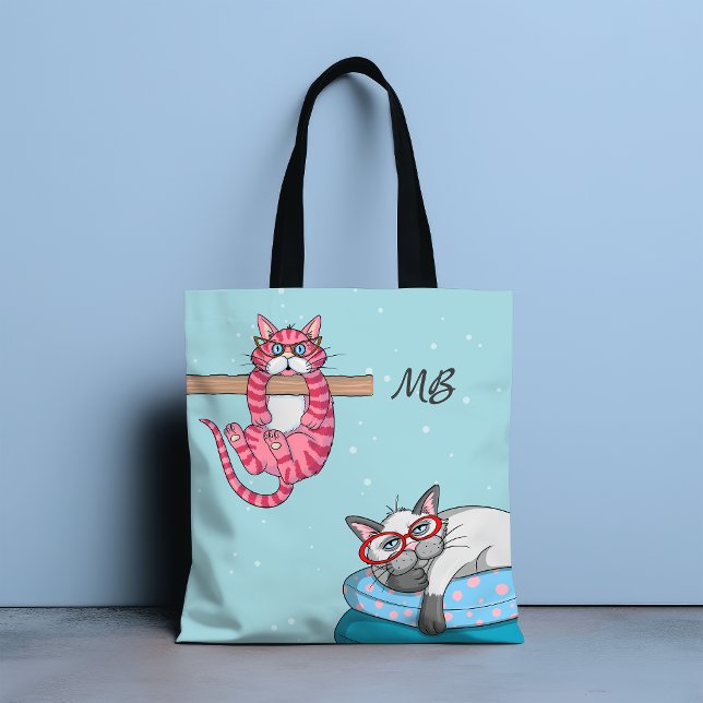 Monogram Funny Whimsical Cats Trendy Modern Tote Bag (Creator Uploaded)