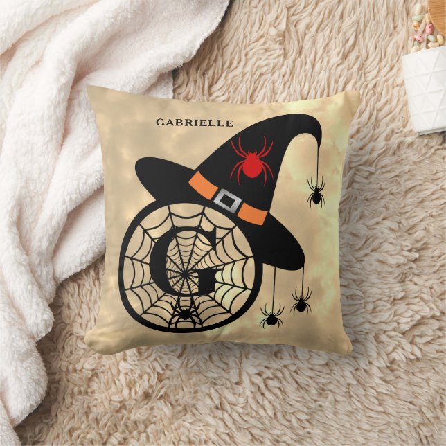 Monogram G Halloween Sky Witch Spiders Name Throw Pillow (Blanket)