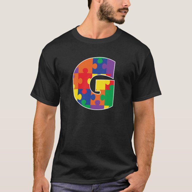 Monogram G in Multi Color Puzzle Pieces T-Shirt (Front)