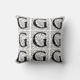 Monogram G Initial Black and White Floral Pattern Throw Pillow