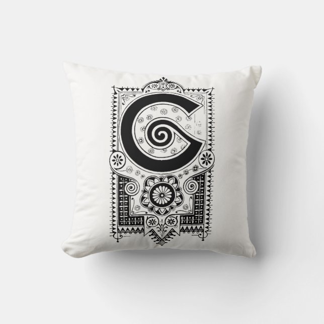 Monogram G Initial Black and White Floral Pattern Throw Pillow (Front)