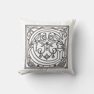 Monogram G Initial Black and White Floral Pattern Throw Pillow