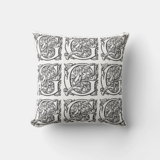 Monogram G Initial Black and White Floral Pattern Throw Pillow