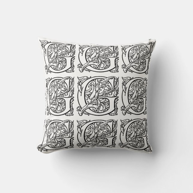 Monogram G Initial Black and White Floral Pattern Throw Pillow (Front)