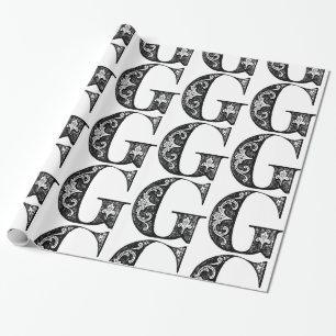 Monogram G Initial Black and White Floral Pattern Wrapping Paper
