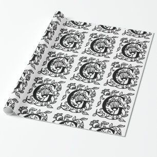Monogram G Initial Black and White Floral Pattern Wrapping Paper