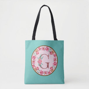 Monogram G Letter with Peony Flower Image Tote Bag