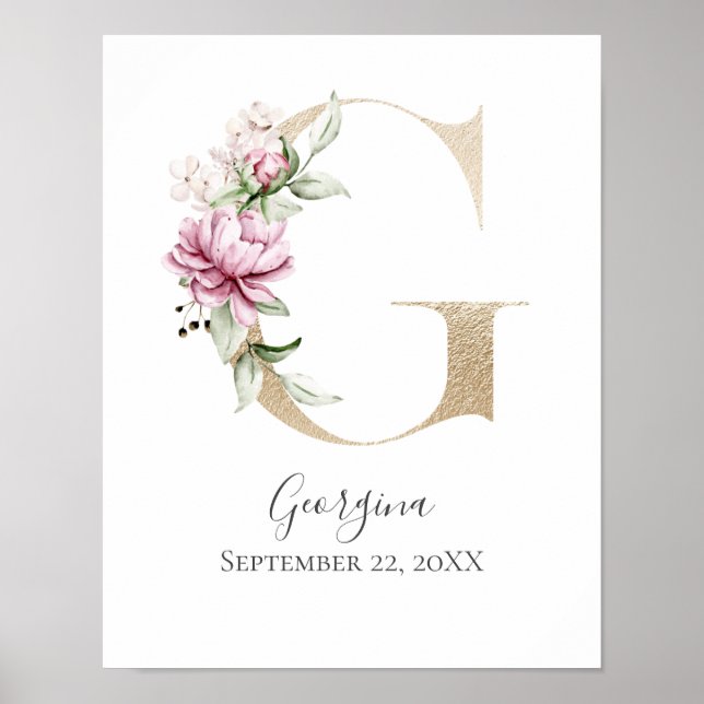 Monogram G Pink White Floral Gold Letter Nursery  Poster (Front)
