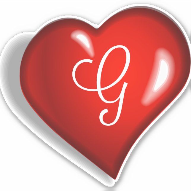 Monogram G white script on ruby red heart (Front)